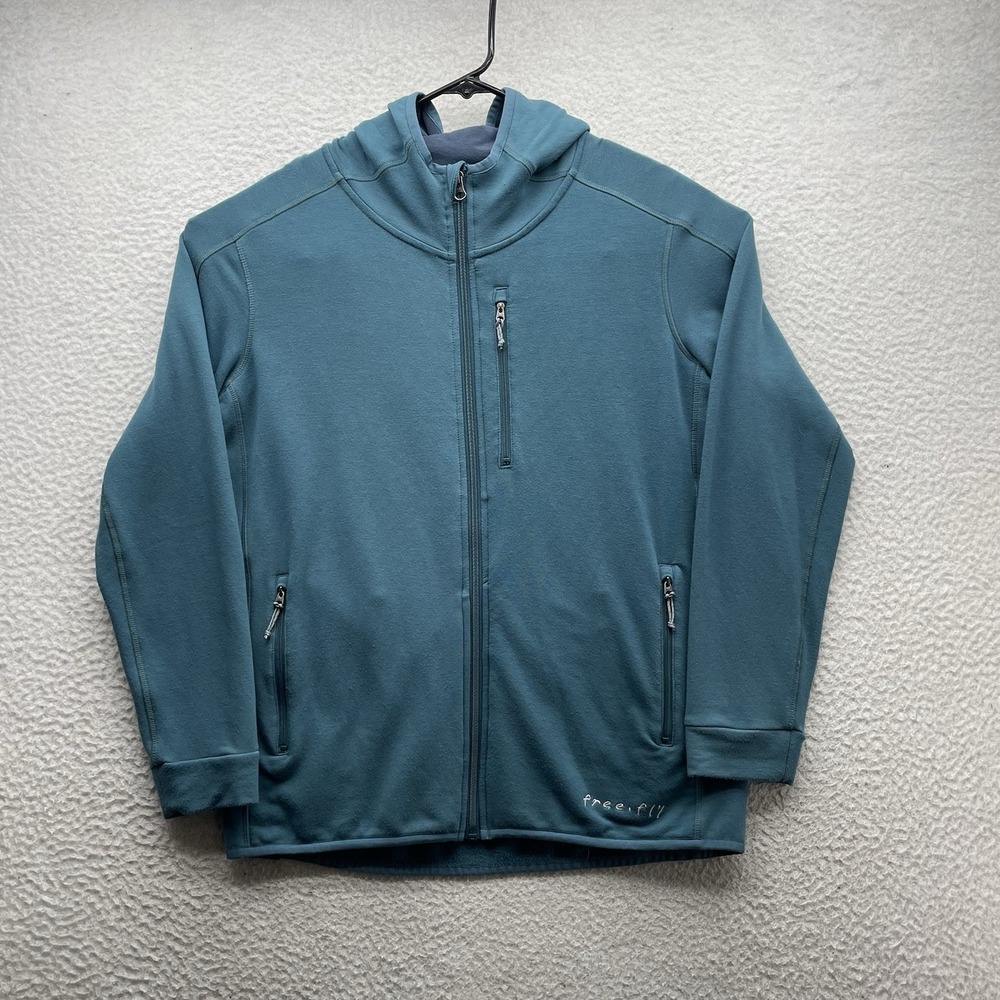 Free Fly Hoodie Mens Small S Bamboo Thermal Fleece Full Zip Pocket Teal Blue - Picture 2 of 12